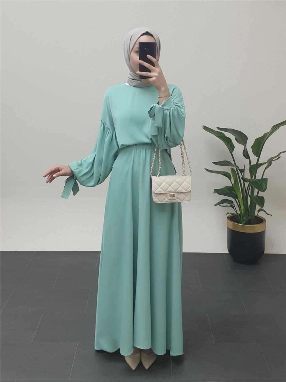 Balloon Skirt Suit with Lace Sleeves - Water Green-386-5928-R36