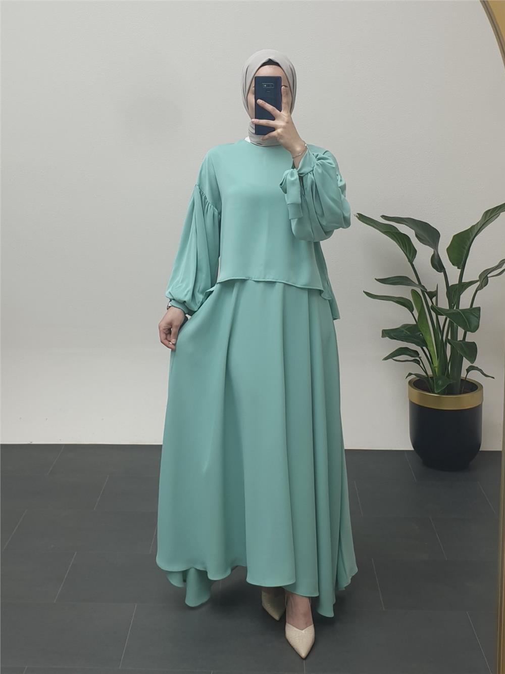 Balloon Skirt Suit with Lace Sleeves - Water Green-386-5928-R36