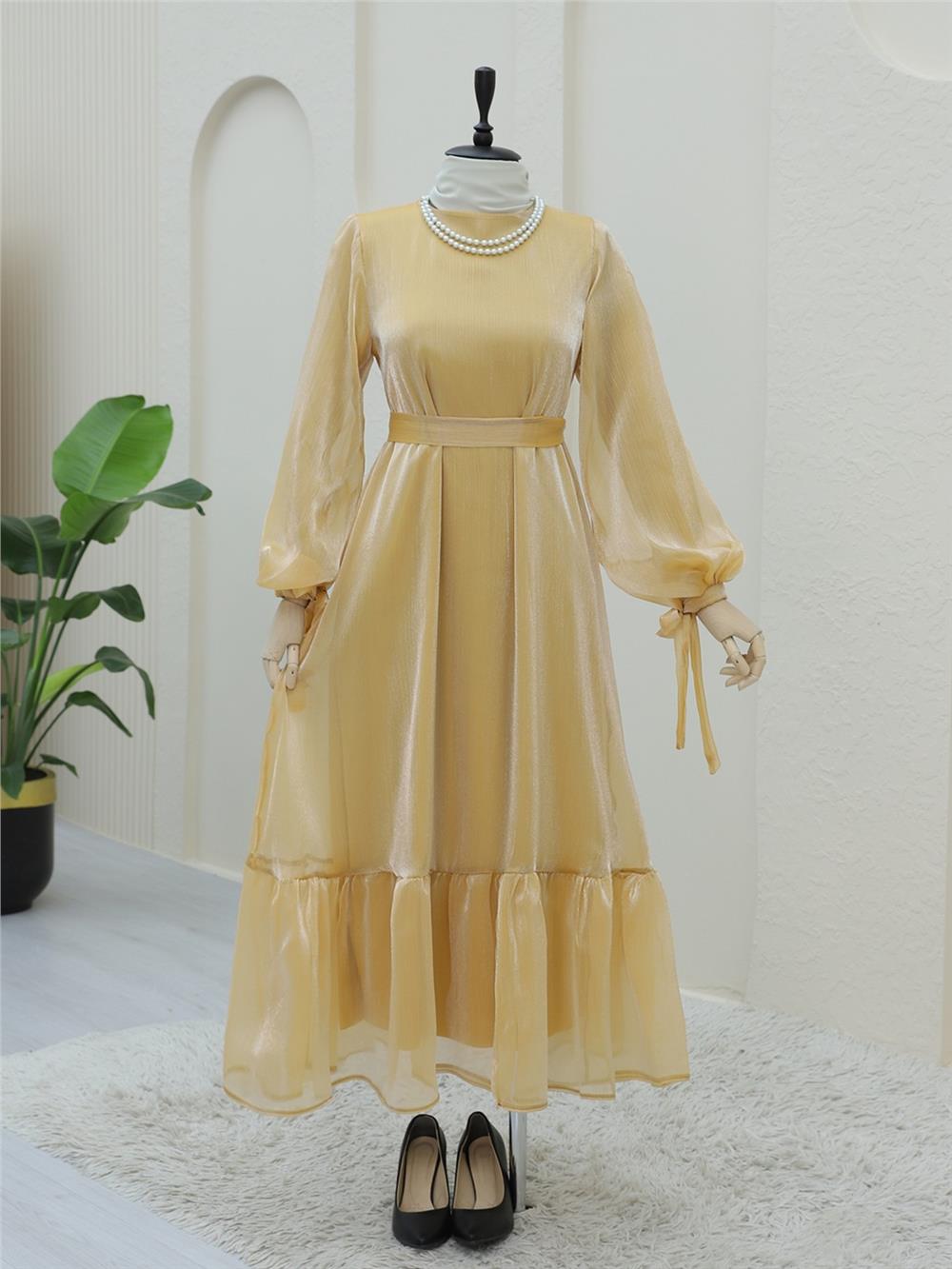 Kolu Bağcıklı Eteği Parçalı Janjan Elbise -Somon-118-2105-R13