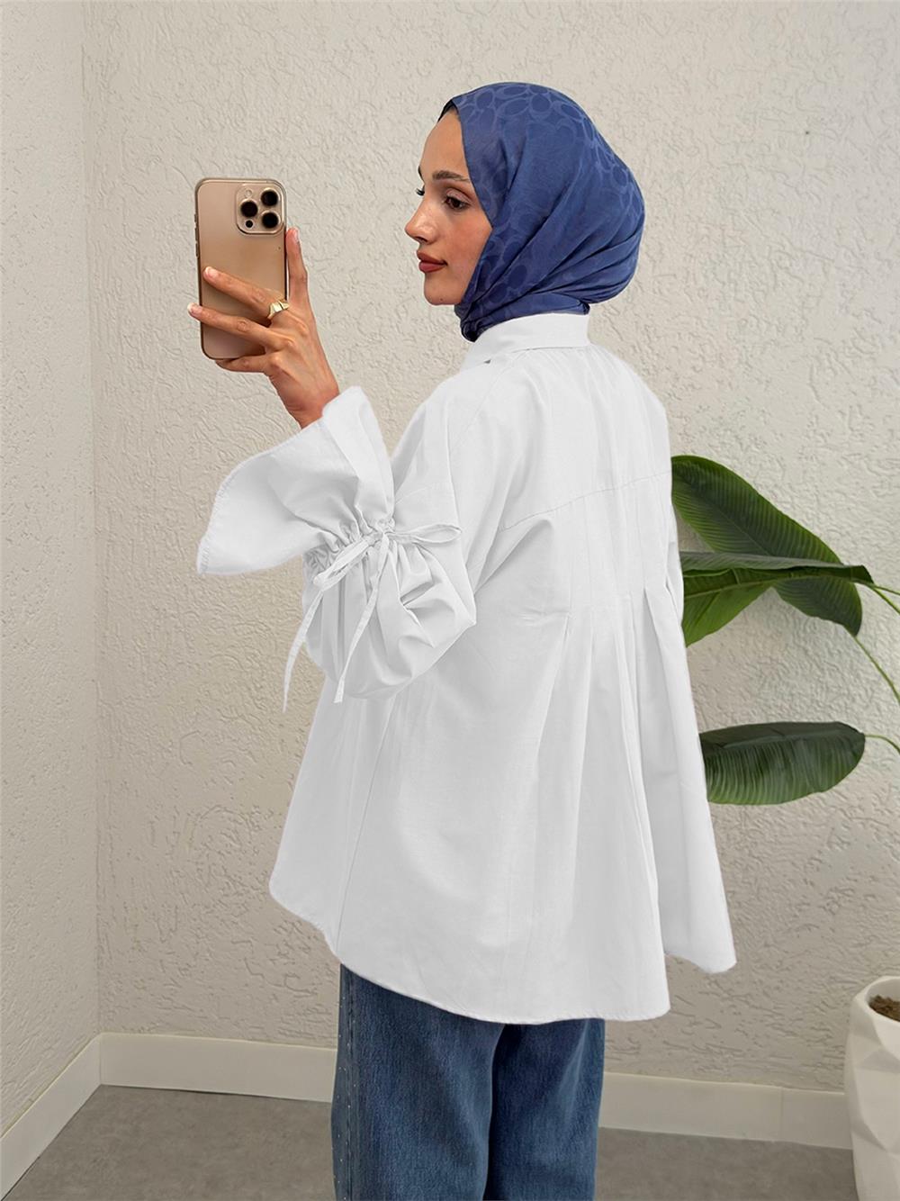 Shirt with Gathered Sleeves and Pleated Back -White-223-6252-R02