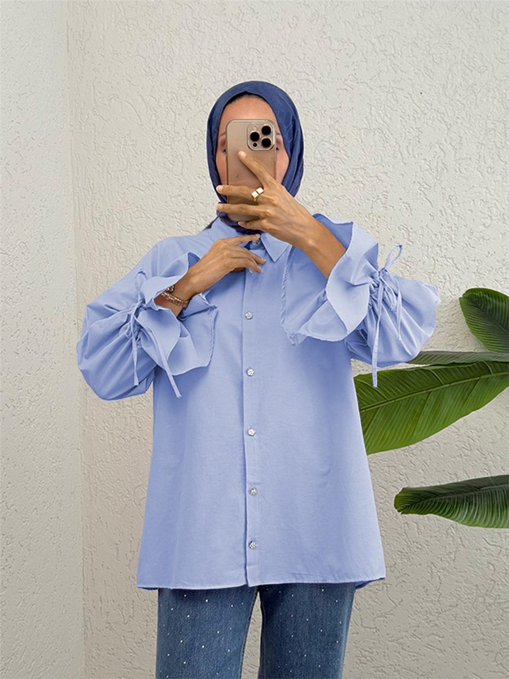 Shirt with Gathered Sleeves and Pleated Back - Baby Blue-223-6252-R32