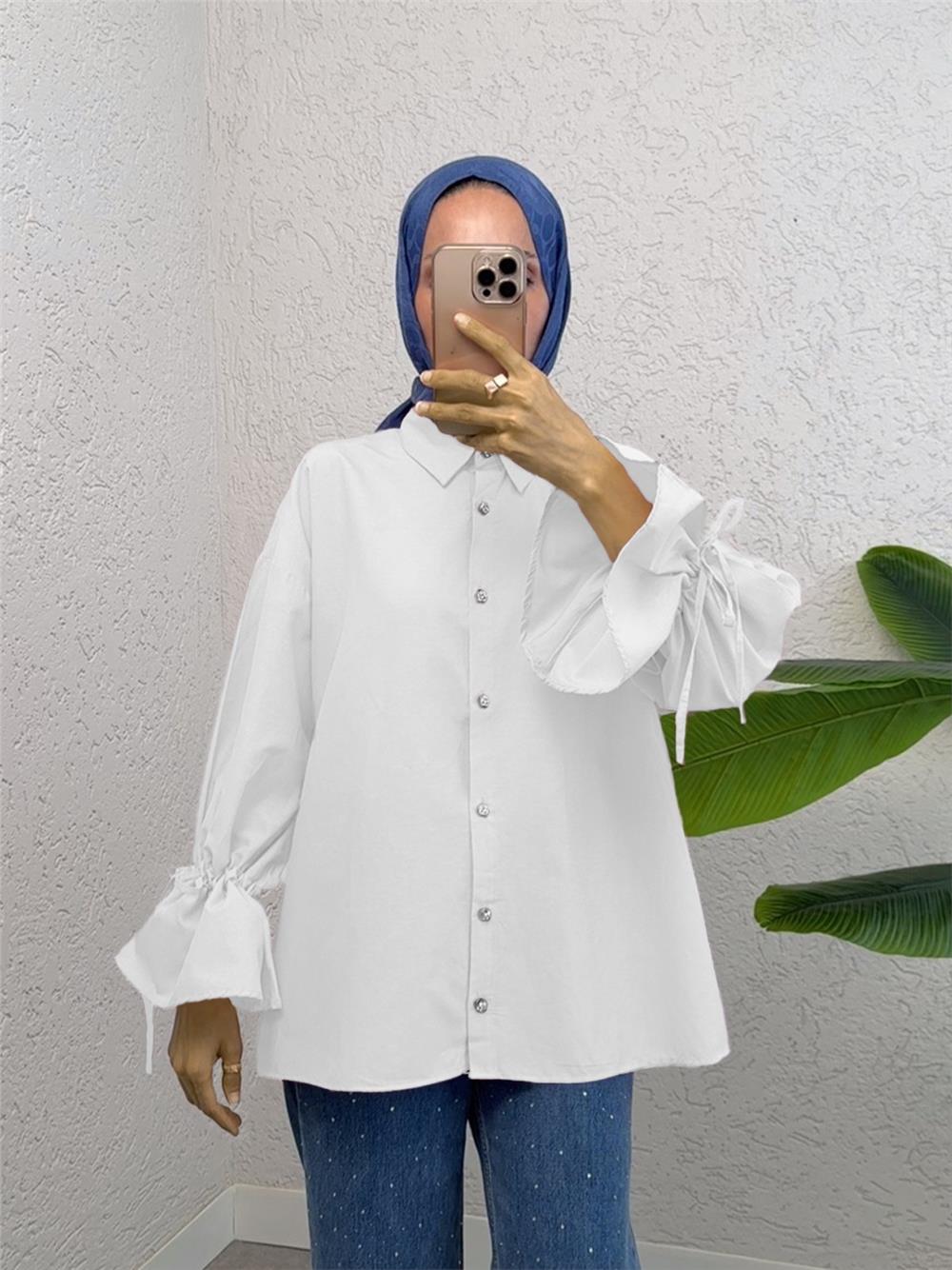 Shirt with Gathered Sleeves and Pleated Back -White-223-6252-R02