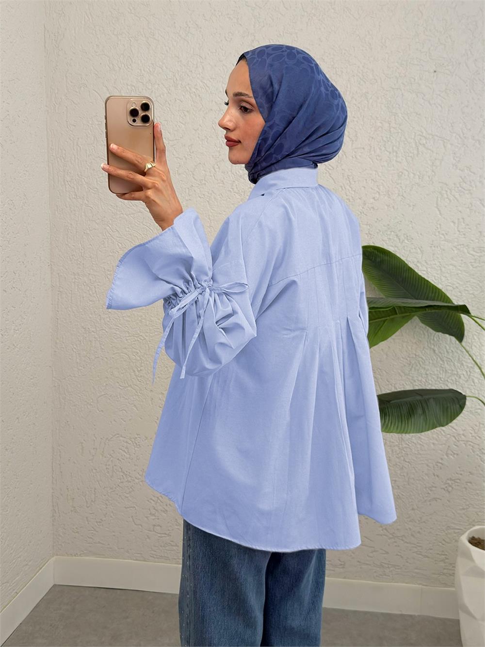 Shirt with Gathered Sleeves and Pleated Back - Baby Blue-223-6252-R32