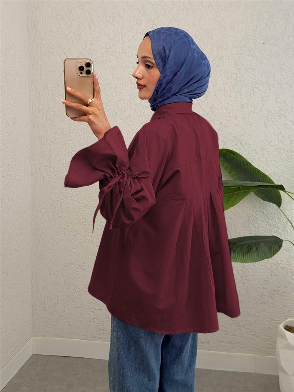Kolu Büzgülü Arkası Piliseli Gömlek  -Bordo-223-6252-R04