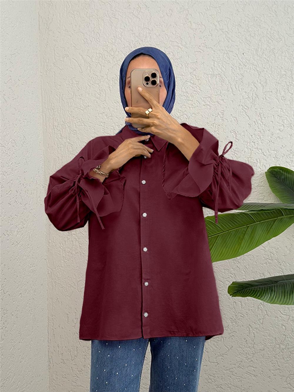 Kolu Büzgülü Arkası Piliseli Gömlek  -Bordo-223-6252-R04