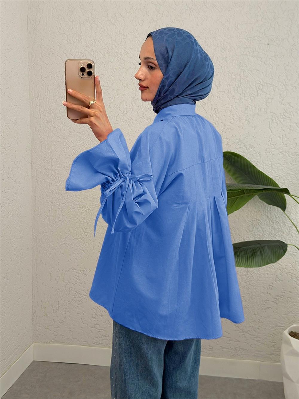 Shirt with Gathered Sleeves and Pleated Back - Indigo-223-6252-R21