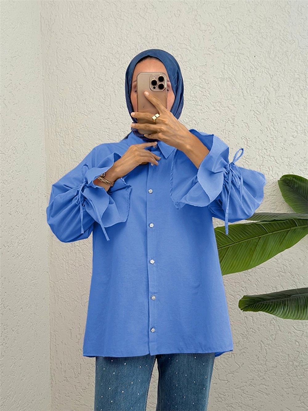Shirt with Gathered Sleeves and Pleated Back - Indigo-223-6252-R21