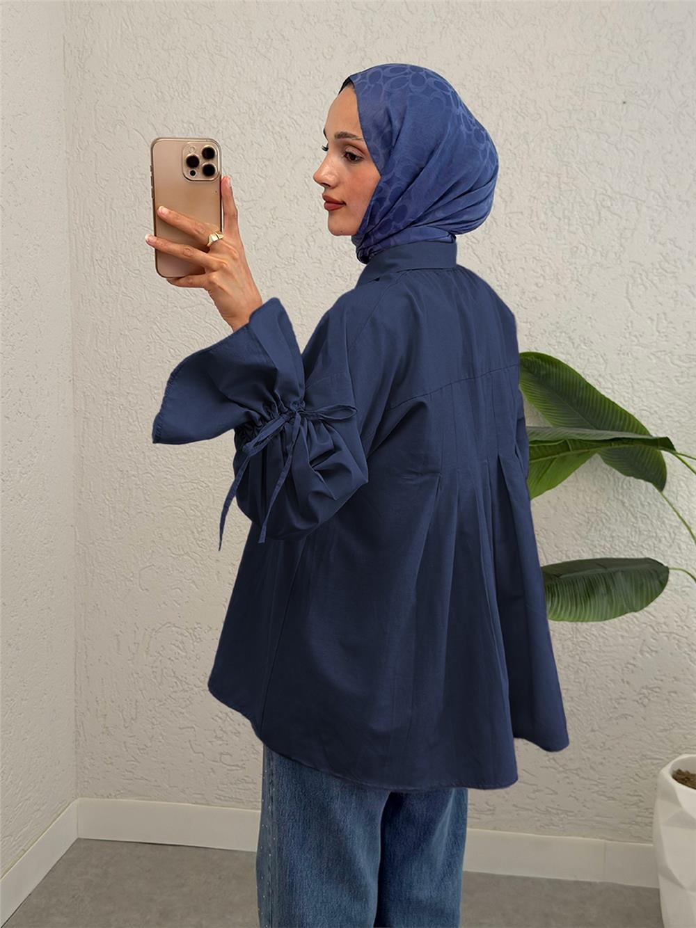Gathered Sleeve Pleated Back Shirt - Navy Blue-223-6252-R03