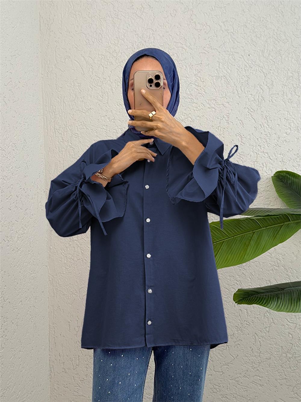 Gathered Sleeve Pleated Back Shirt - Navy Blue-223-6252-R03