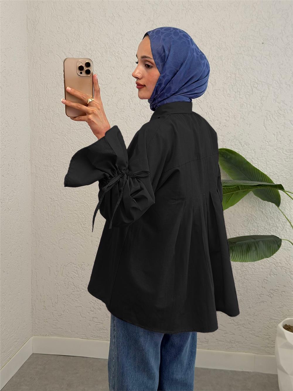 Shirt with Gathered Sleeves and Pleated Back - Black-223-6252-R01