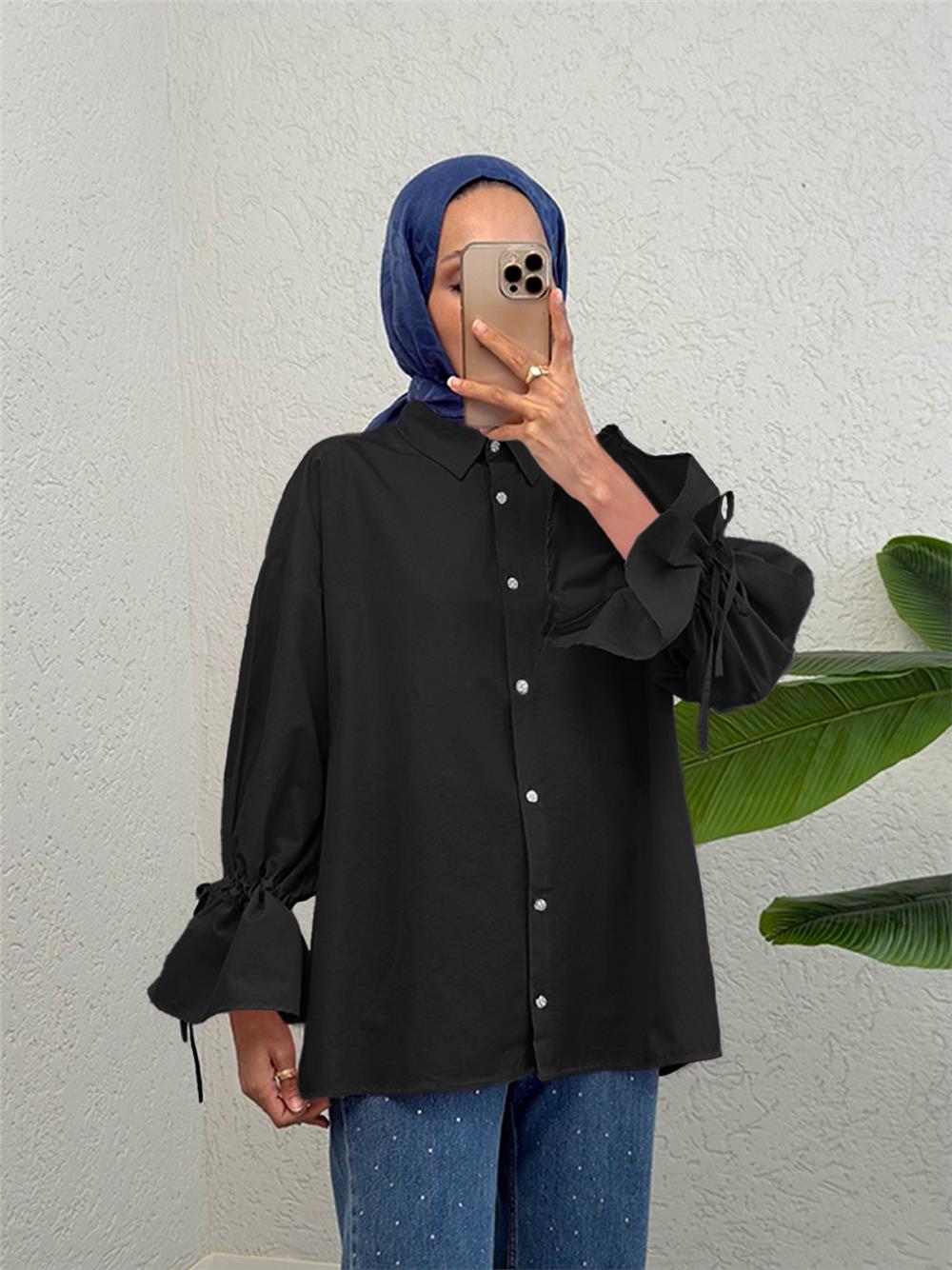 Shirt with Gathered Sleeves and Pleated Back - Black-223-6252-R01