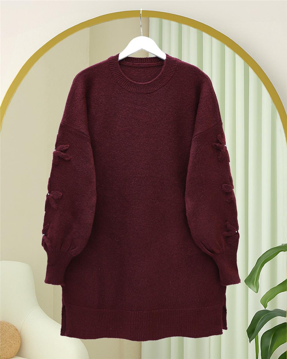 Kolu Çiçek Detaylı Yuvarlak Yaka Yumoş Triko Kazak -Bordo-295-4526-R04