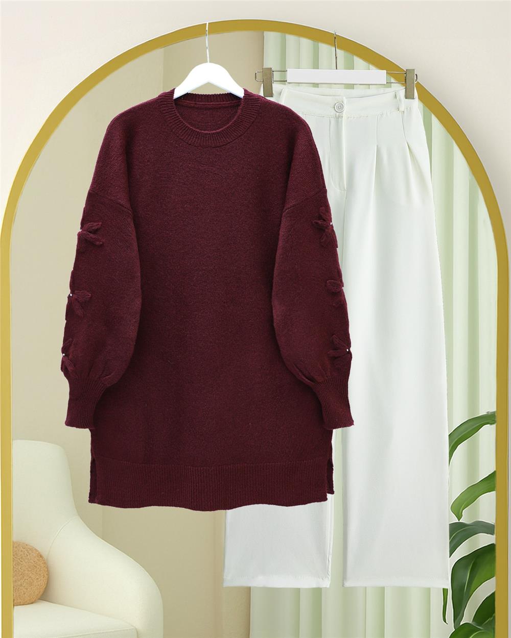 Kolu Çiçek Detaylı Yuvarlak Yaka Yumoş Triko Kazak -Bordo-295-4526-R04