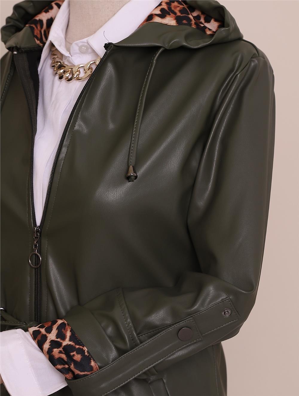 Hooded Leather Coat with Folded Sleeves and Lace Waist -Khaki-197-2068-R05