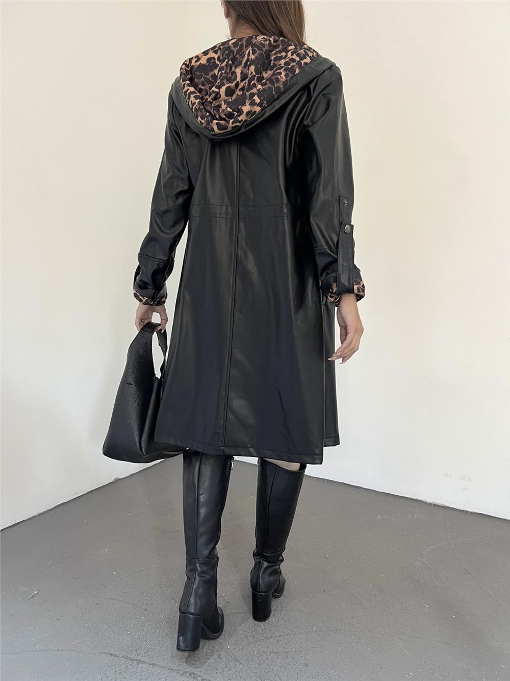 Hooded Leather Cap with Folded Sleeves and Lace Waist -Black-197-2068-R01