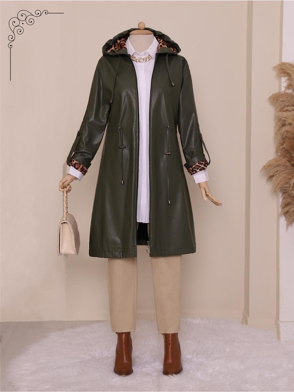 Hooded Leather Coat with Folded Sleeves and Lace Waist -Khaki-197-2068-R05