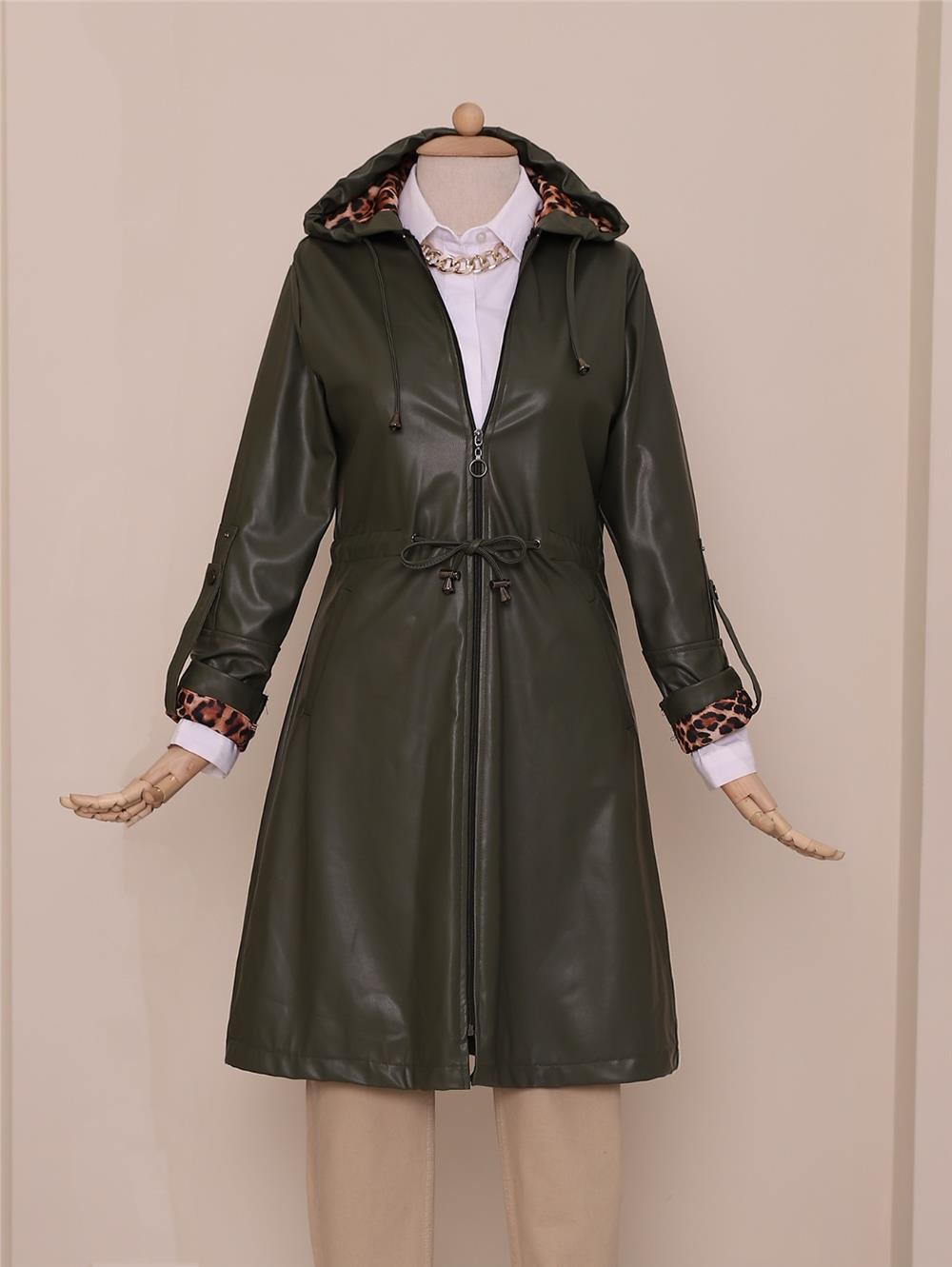 Hooded Leather Coat with Folded Sleeves and Lace Waist -Khaki-197-2068-R05