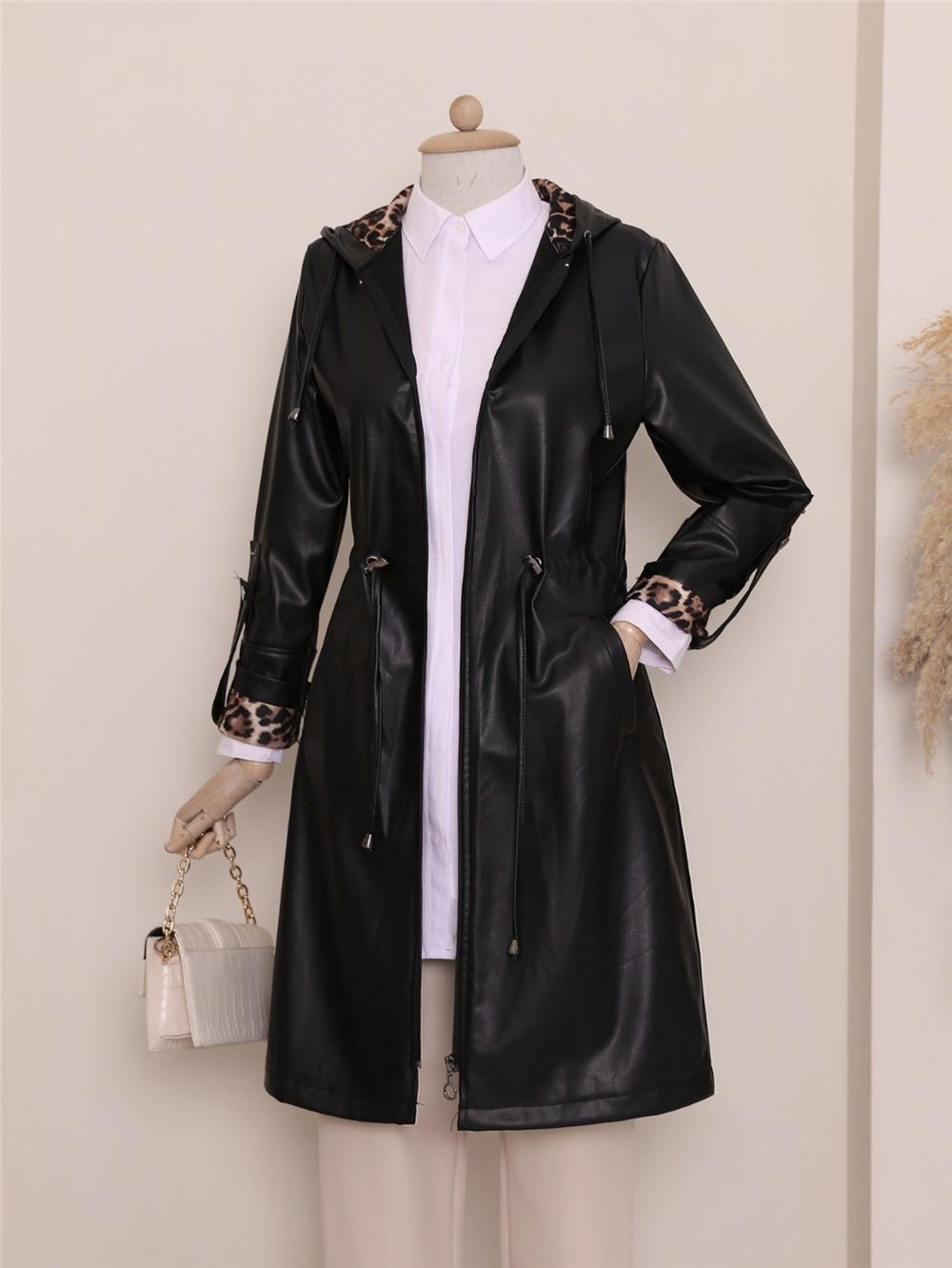 Hooded Leather Cap with Folded Sleeves and Lace Waist -Black-197-2068-R01
