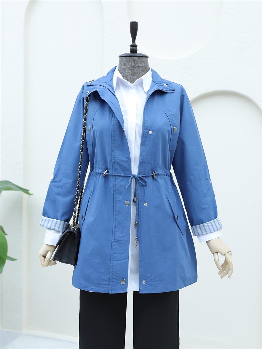 Araboy Trench Coat with Folded Sleeves and Tunnel Lace - Indigo-148-2458-R21