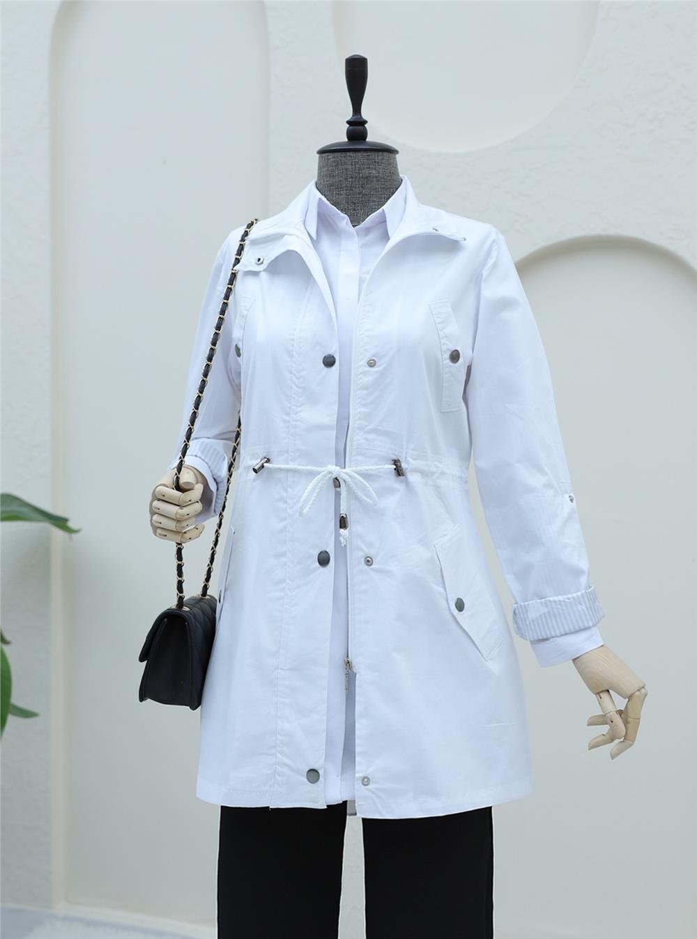 Araboy Trench Coat with Folded Sleeves and Tunnel Lace - White-148-2458-R02