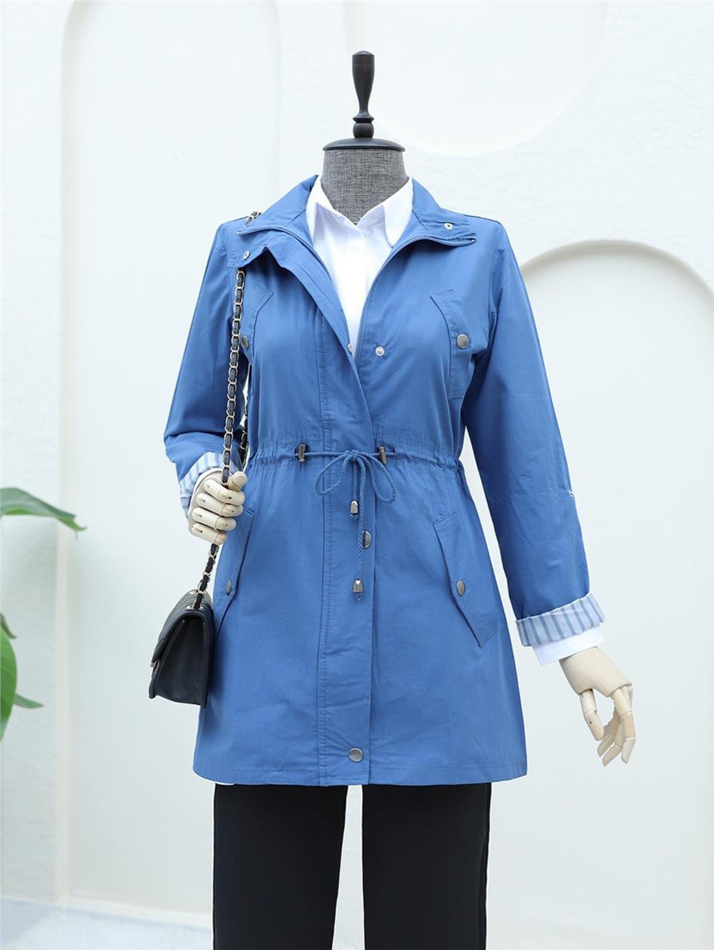 Araboy Trench Coat with Folded Sleeves and Tunnel Lace - Indigo-148-2458-R21