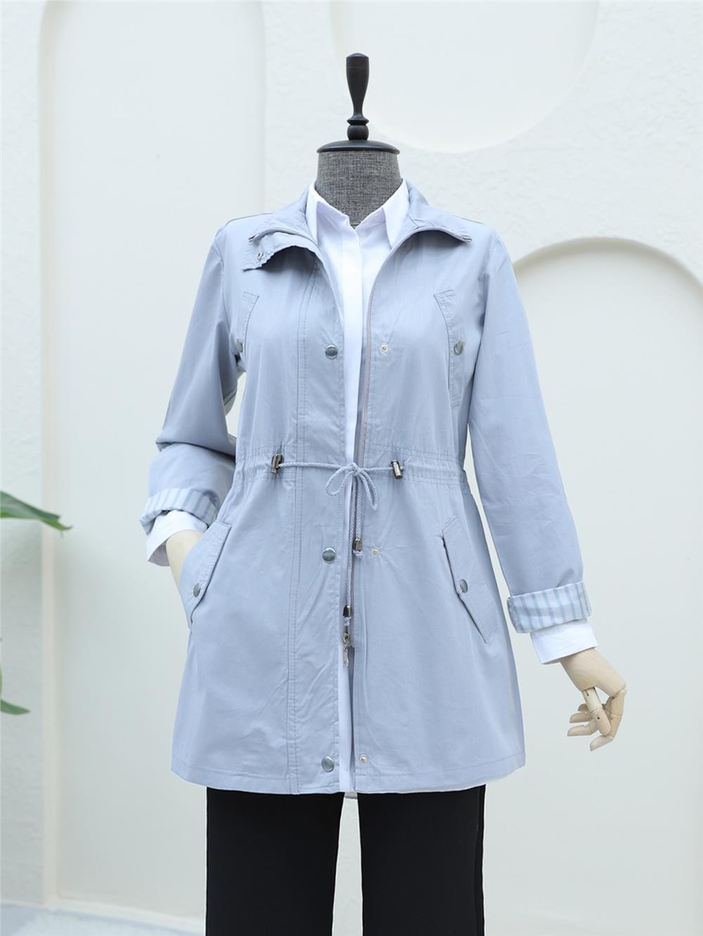 Araboy Trench Coat with Folded Sleeves and Tunnel Lace - Gray-148-2458-R11