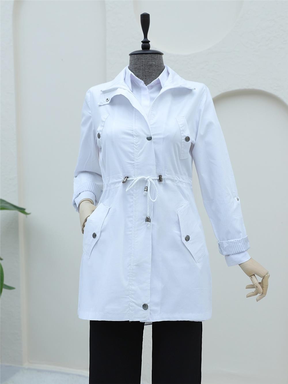 Araboy Trench Coat with Folded Sleeves and Tunnel Lace - White-148-2458-R02