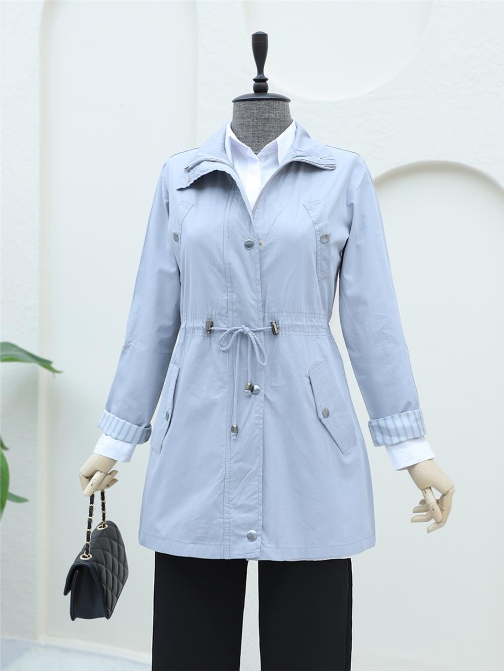 Araboy Trench Coat with Folded Sleeves and Tunnel Lace - Gray-148-2458-R11