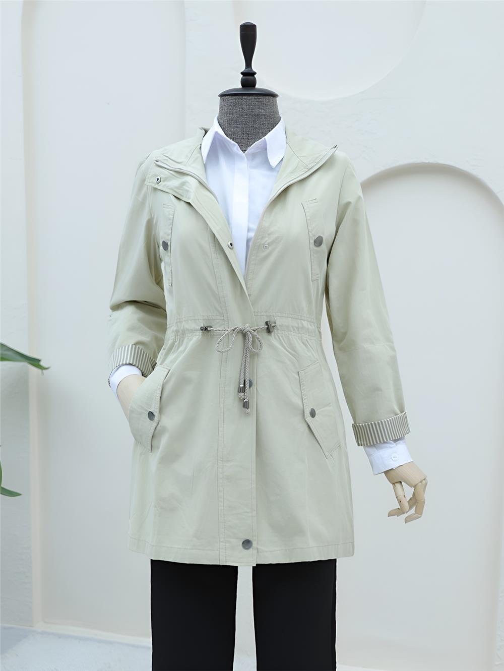 Araboy Trench Coat with Folded Sleeves and Tunnel Lace -Stone-148-2458-R43