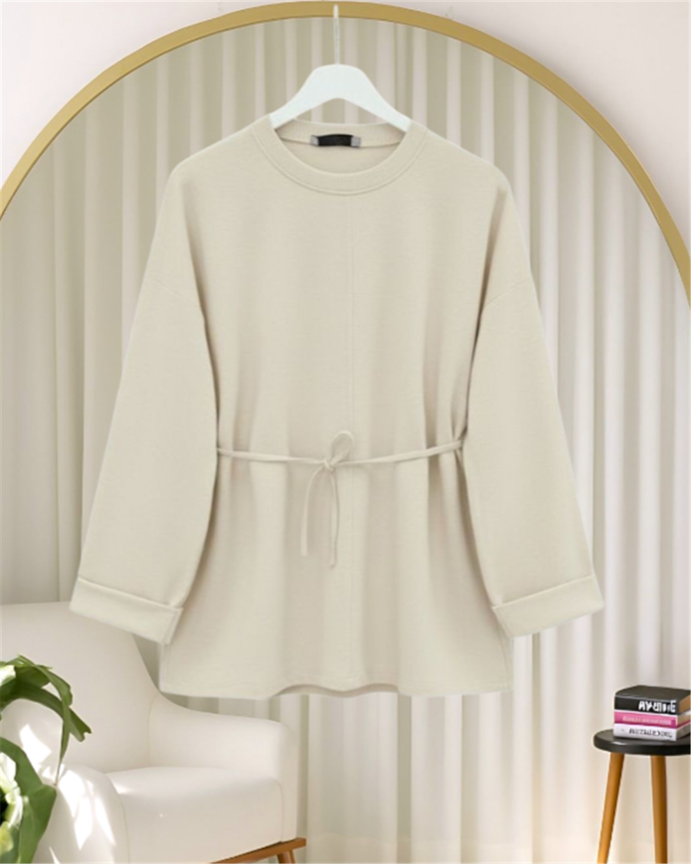 Kolu Katlı Beli Bağlamalı Yırtmaçlı Penye Tunik -Bej-349-7087-R56