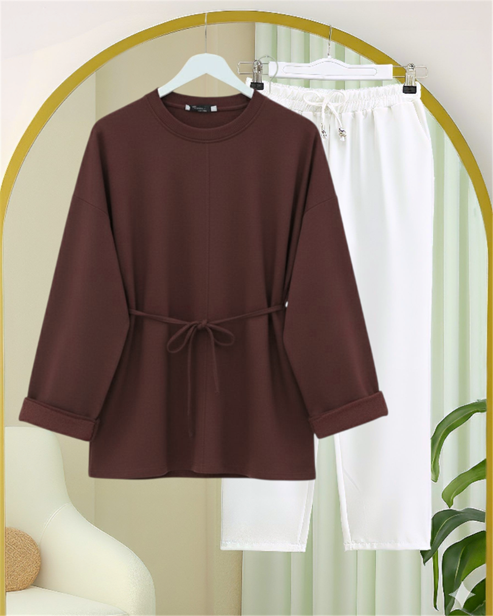 Kolu Katlı Beli Bağlamalı Yırtmaçlı Penye Tunik -K. Kahve-349-7087-R54