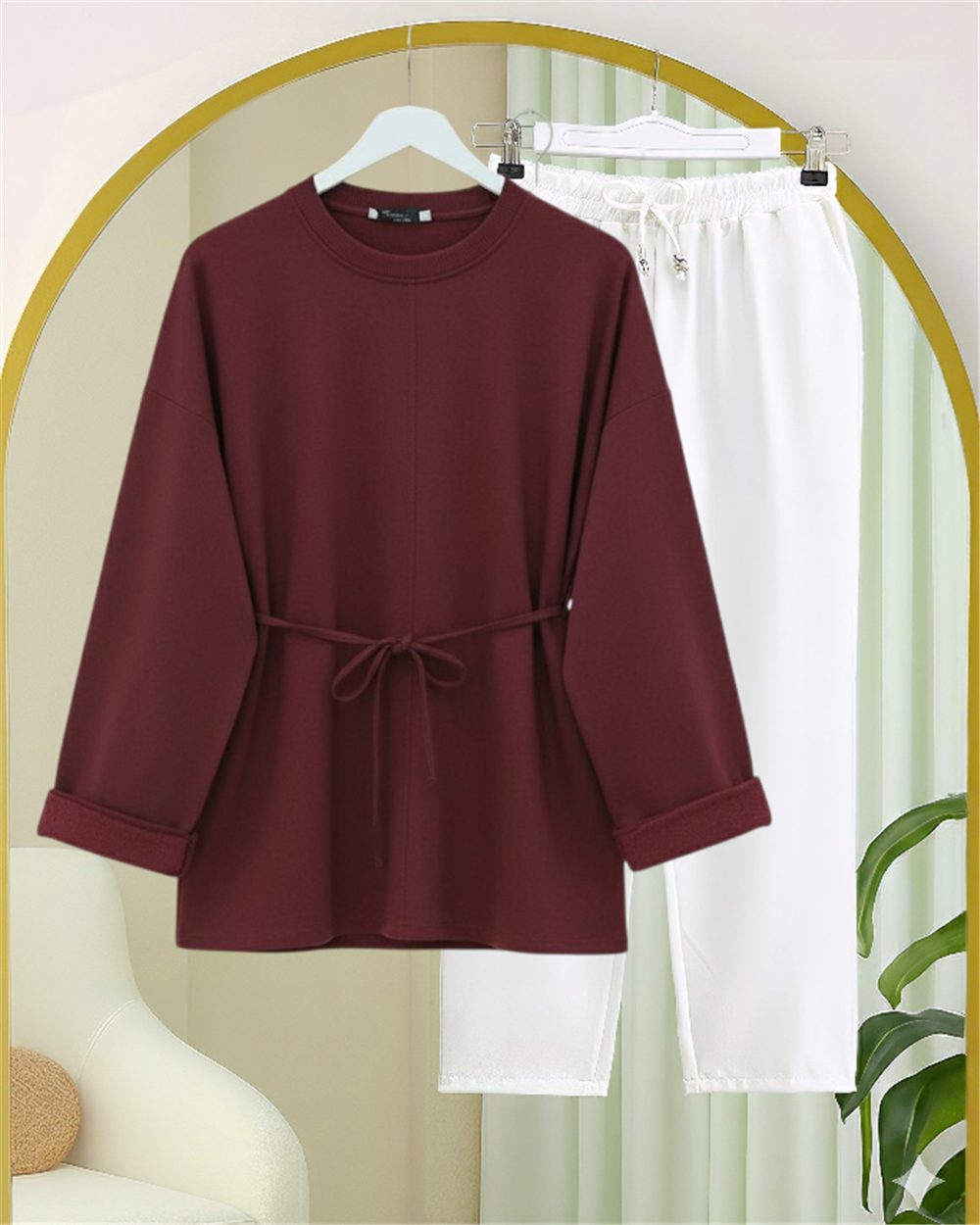 Kolu Katlı Beli Bağlamalı Yırtmaçlı Penye Tunik -Bordo-349-7087-R04