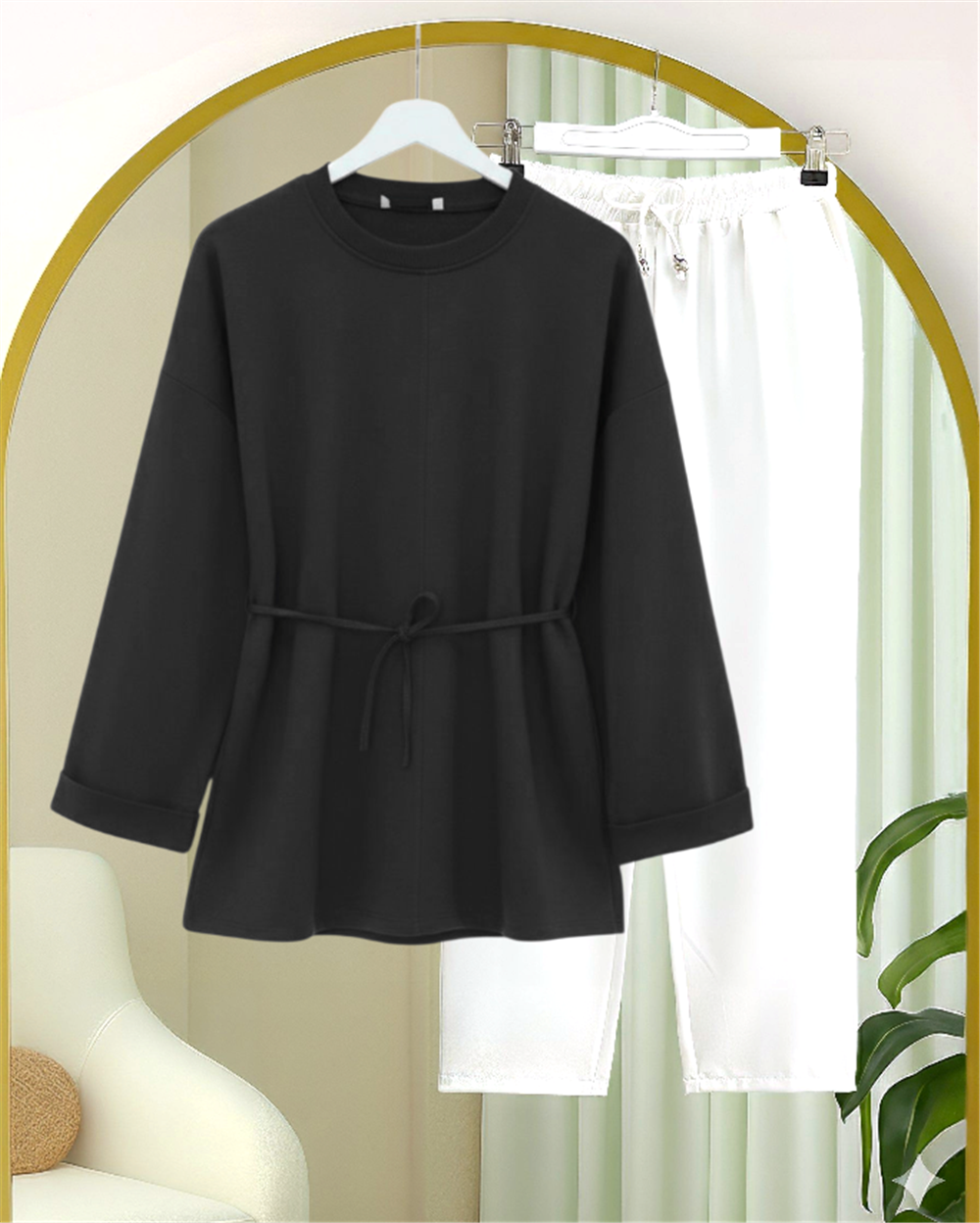 Kolu Katlı Beli Bağlamalı Yırtmaçlı Penye Tunik -Siyah-349-7087-R01
