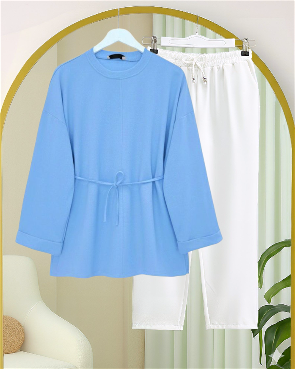 Kolu Katlı Beli Bağlamalı Yırtmaçlı Penye Tunik -Mavi-349-7087-R31