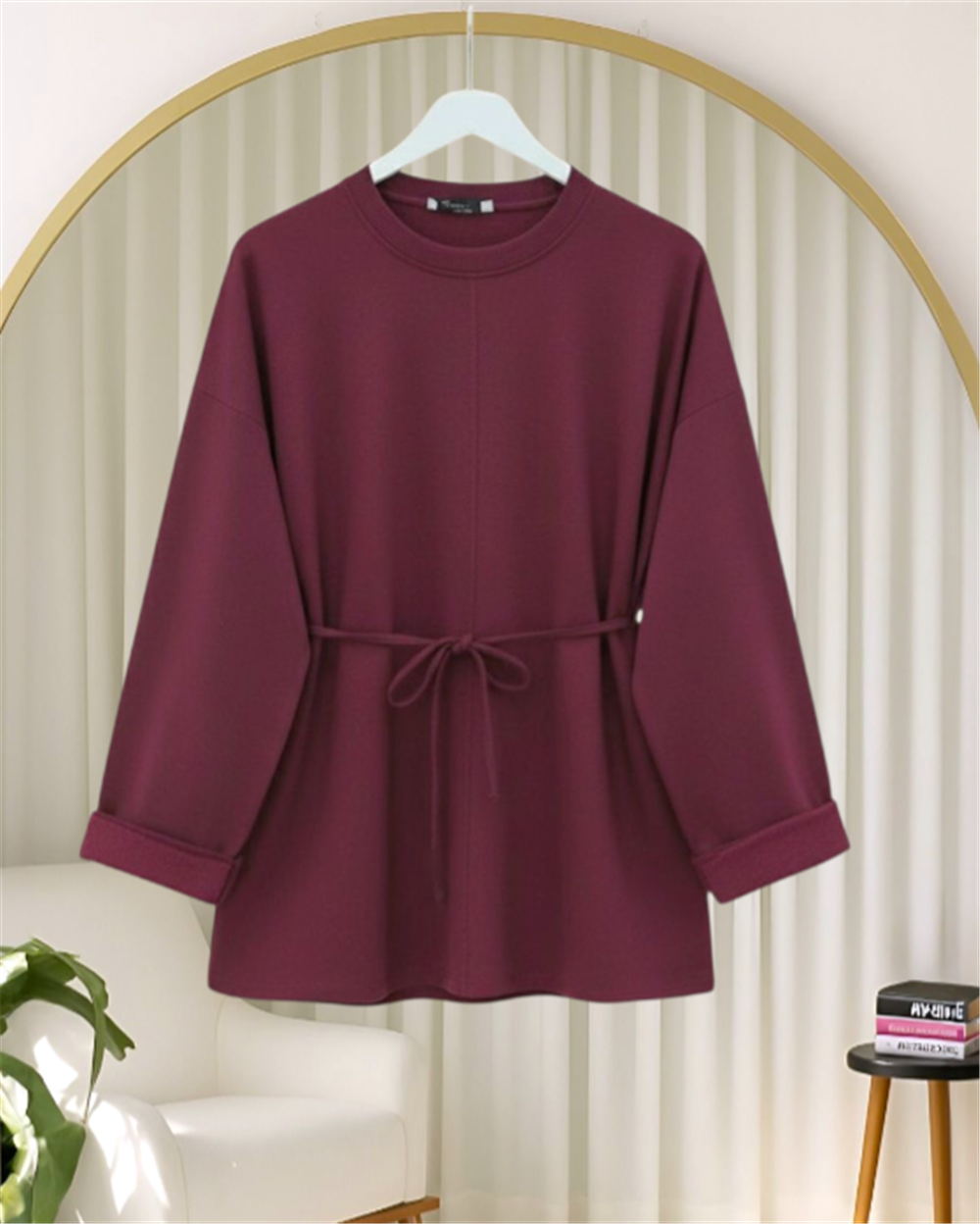Kolu Katlı Beli Bağlamalı Yırtmaçlı Penye Tunik -Bordo-349-7087-R04