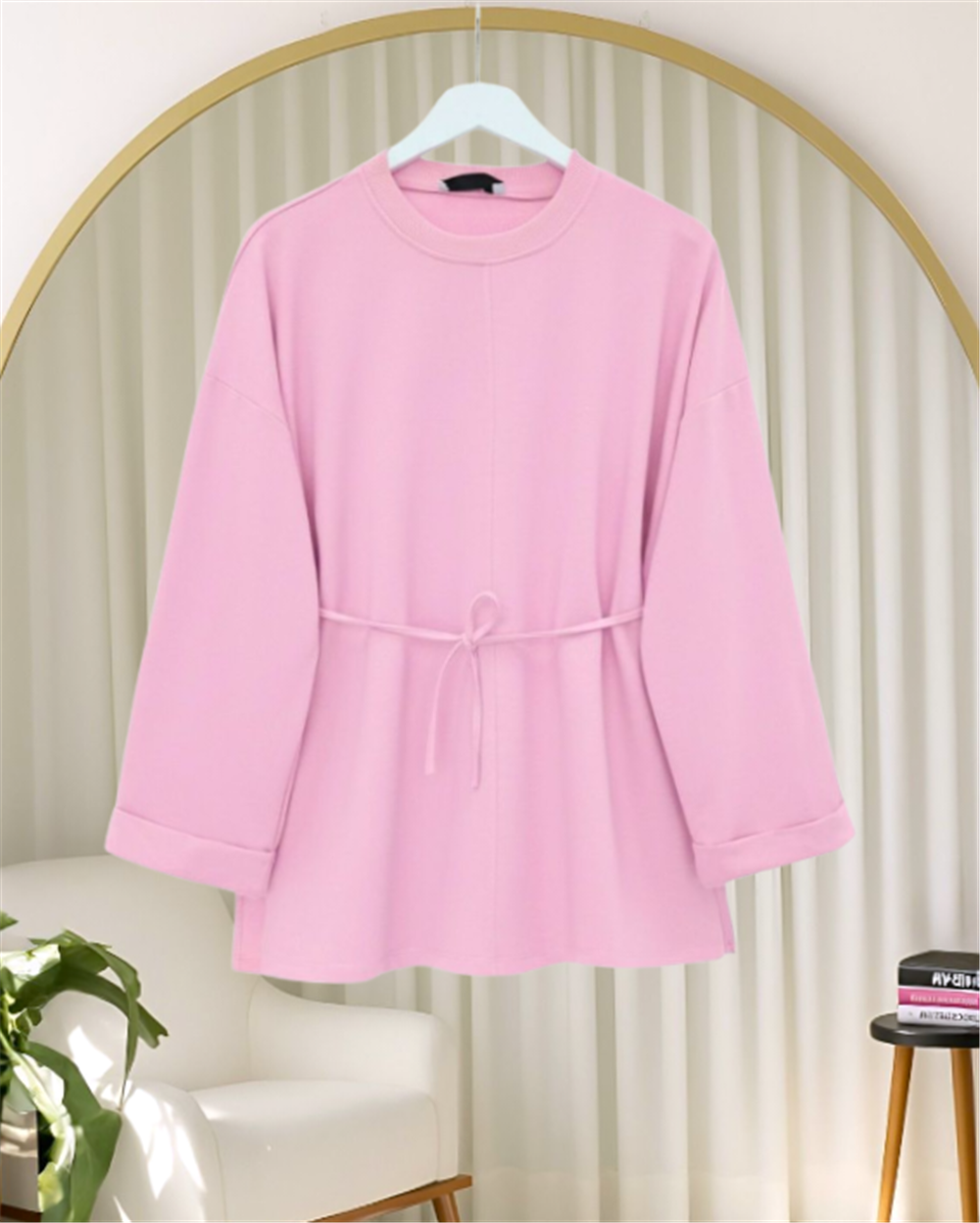 Kolu Katlı Beli Bağlamalı Yırtmaçlı Penye Tunik -Pembe-349-7087-R20