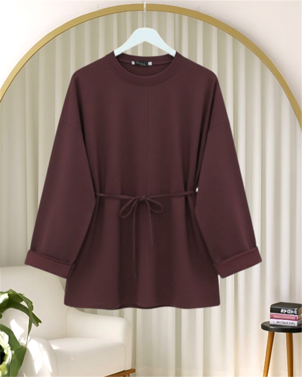 Kolu Katlı Beli Bağlamalı Yırtmaçlı Penye Tunik -K. Kahve-349-7087-R54