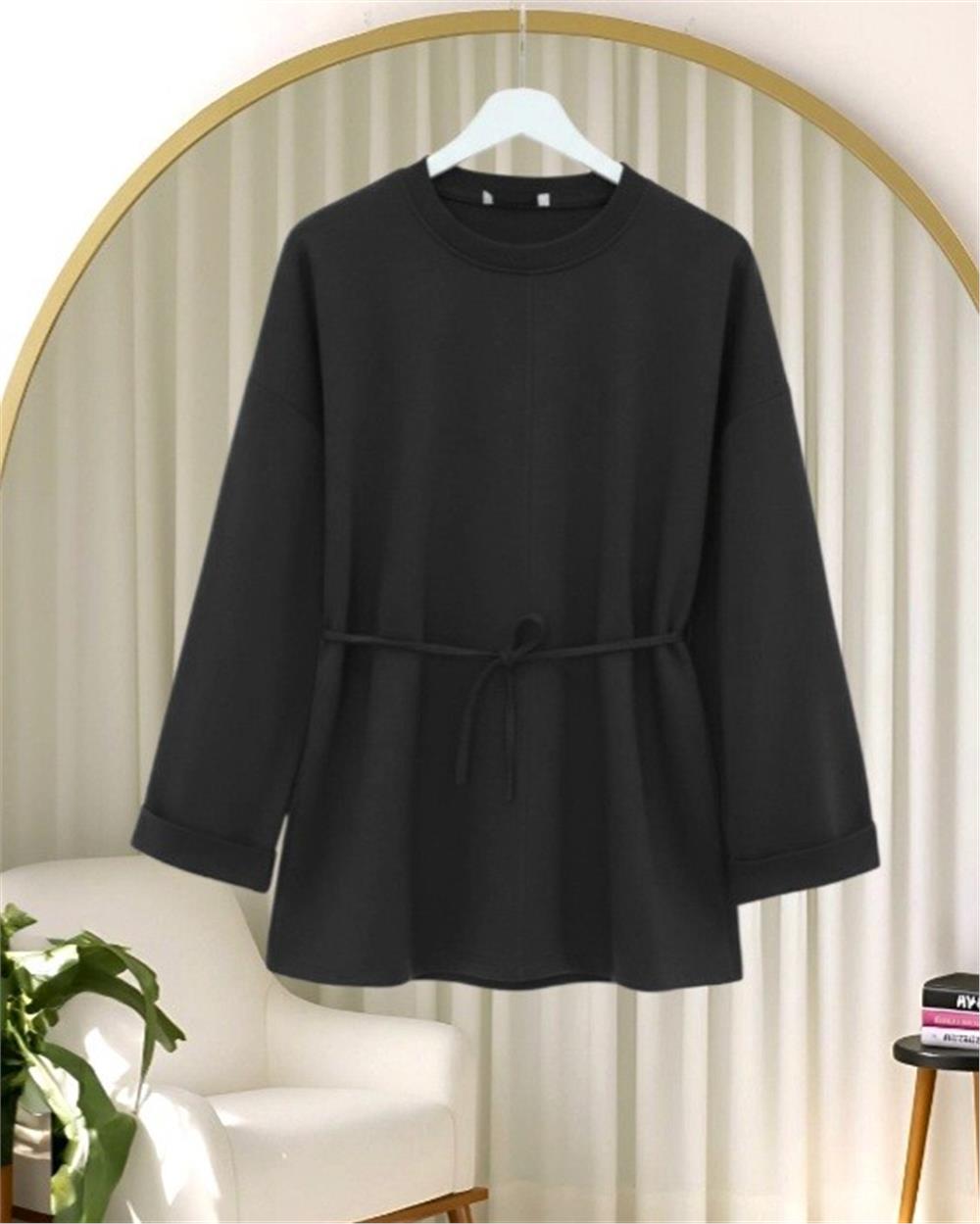Kolu Katlı Beli Bağlamalı Yırtmaçlı Penye Tunik -Siyah-349-7087-R01