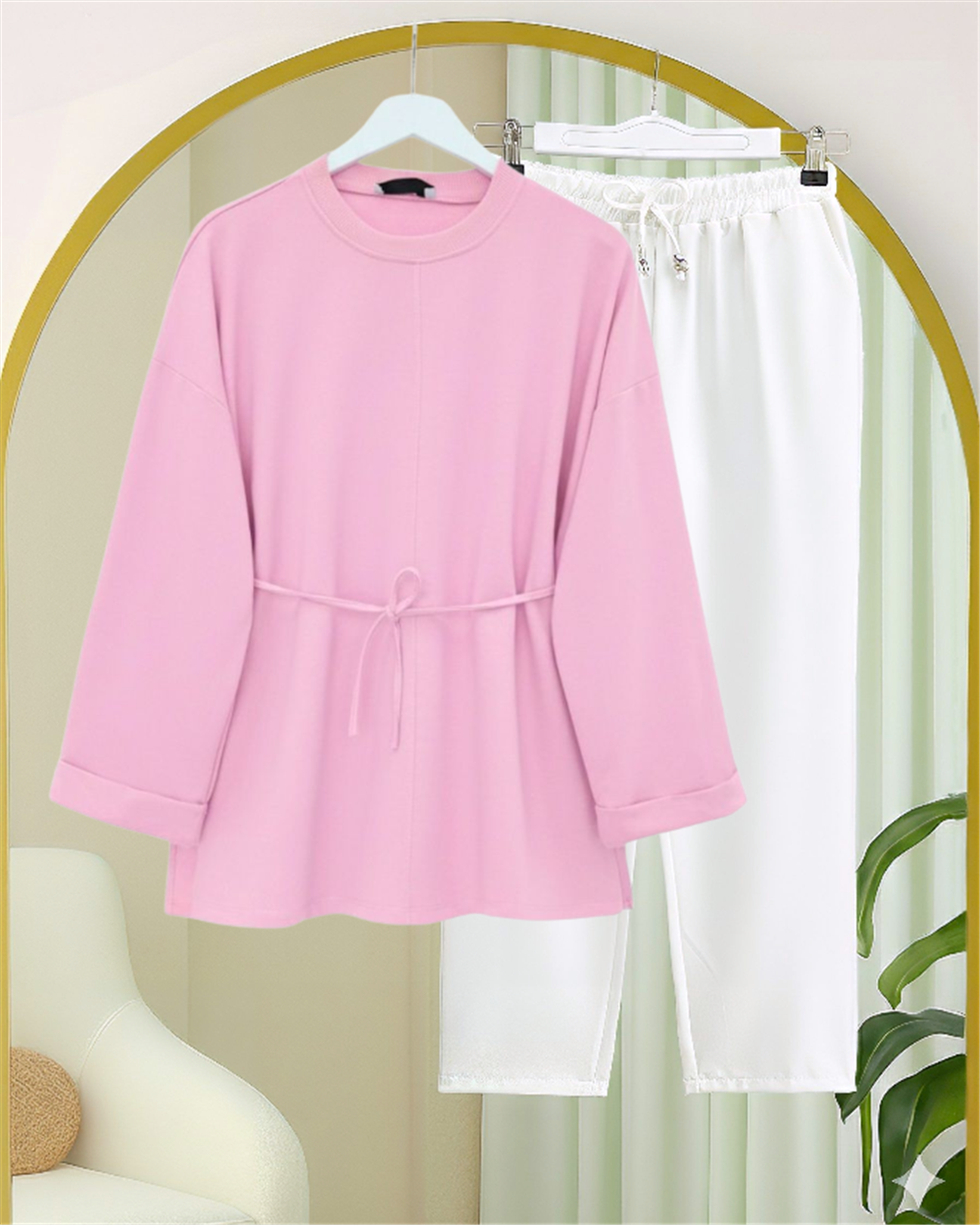 Kolu Katlı Beli Bağlamalı Yırtmaçlı Penye Tunik -Pembe-349-7087-R20