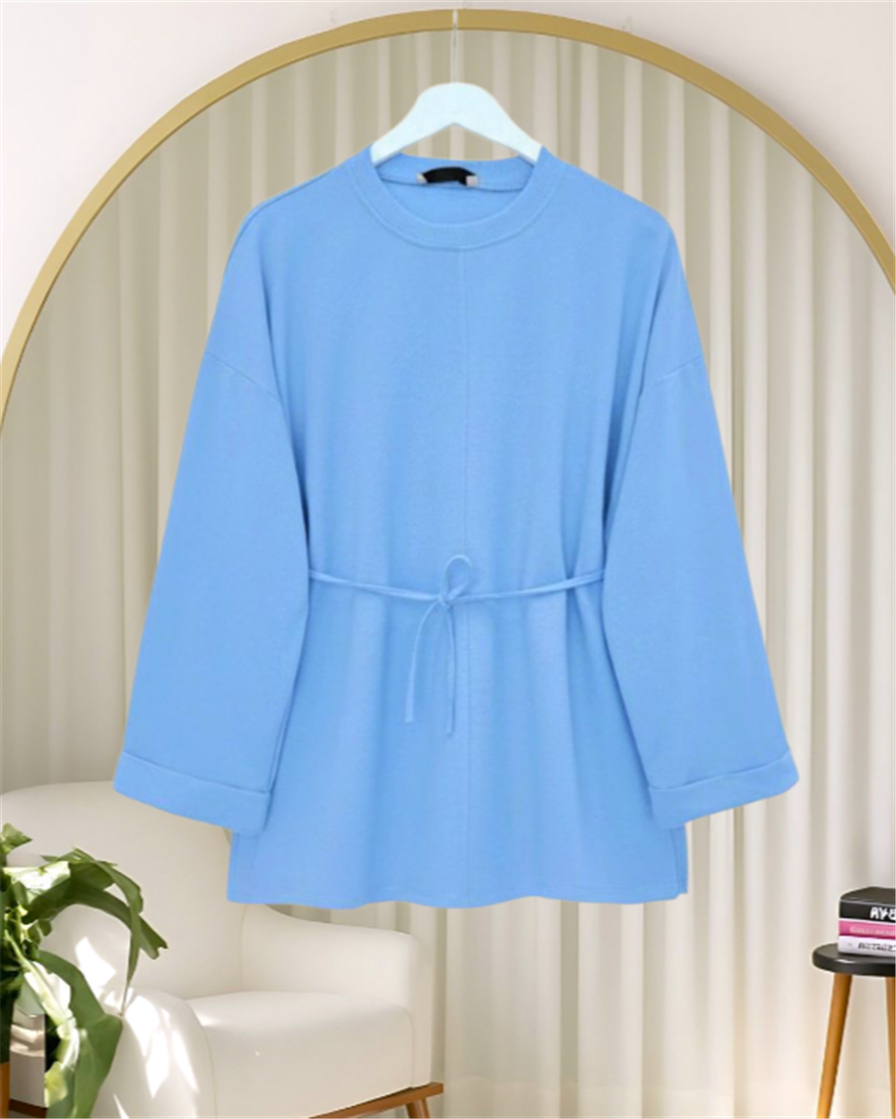 Kolu Katlı Beli Bağlamalı Yırtmaçlı Penye Tunik -Mavi-349-7087-R31