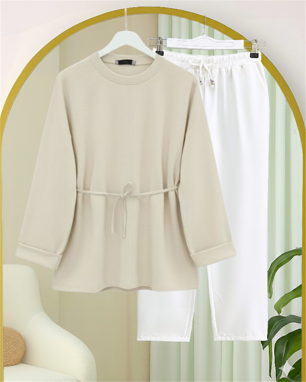 Kolu Katlı Beli Bağlamalı Yırtmaçlı Penye Tunik -Bej-349-7087-R56