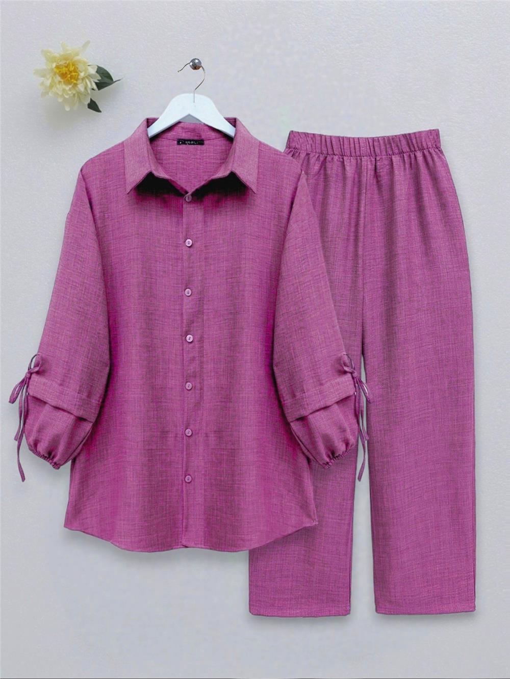 Double Suit with Elastic Sleeves and Lace Detail - Fuchsia-349-4061-R14