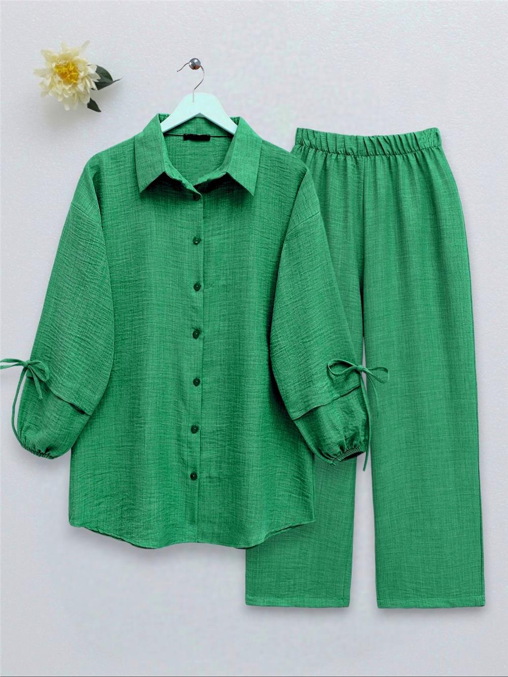 Double Suit with Elastic Sleeves and Lacing Detail - Green-349-4061-R35