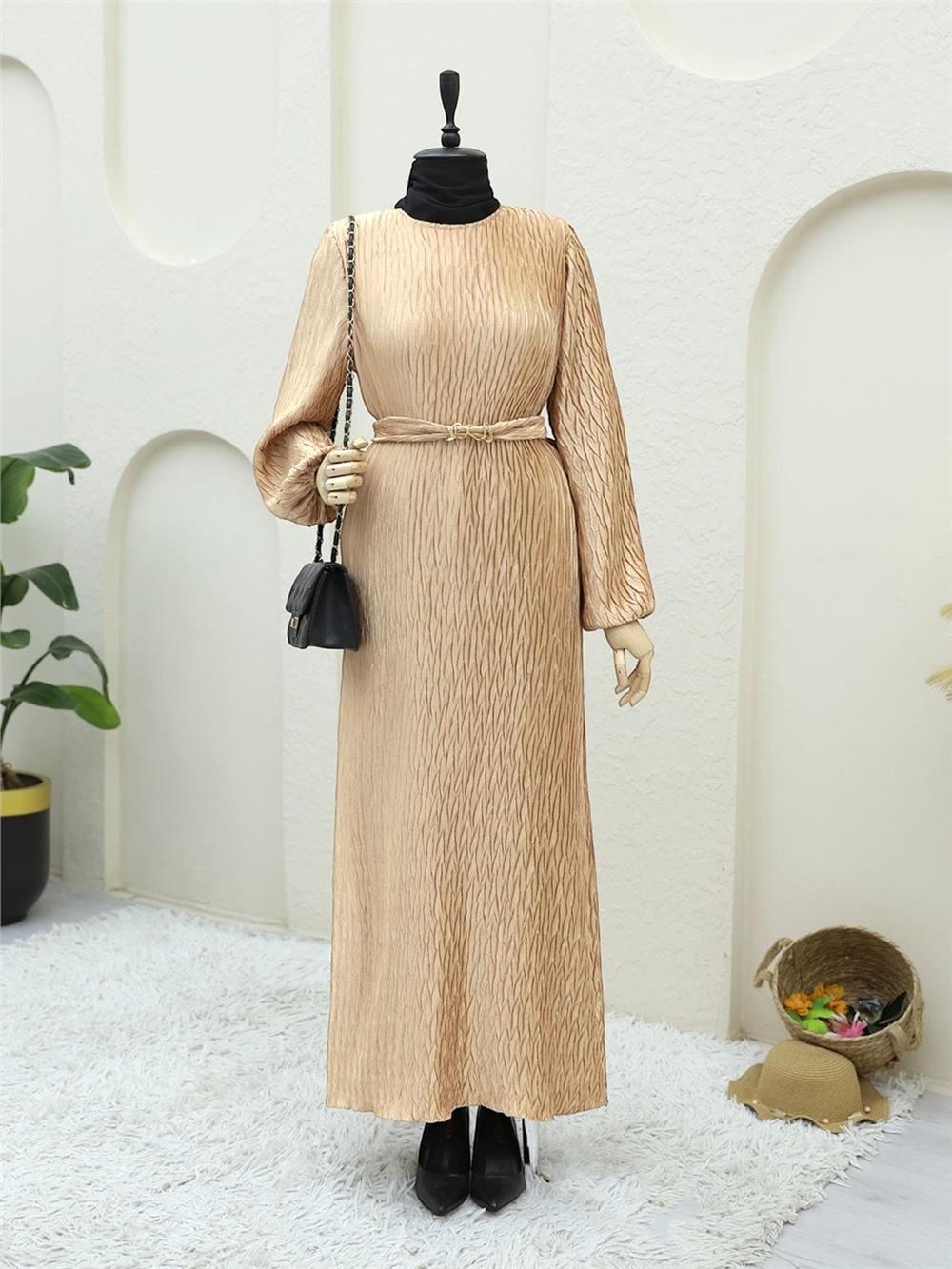 Kolu Lastikli Beli Kuşaklı Perde Piliseli Saten Elbise -Somon-407-2306-R13