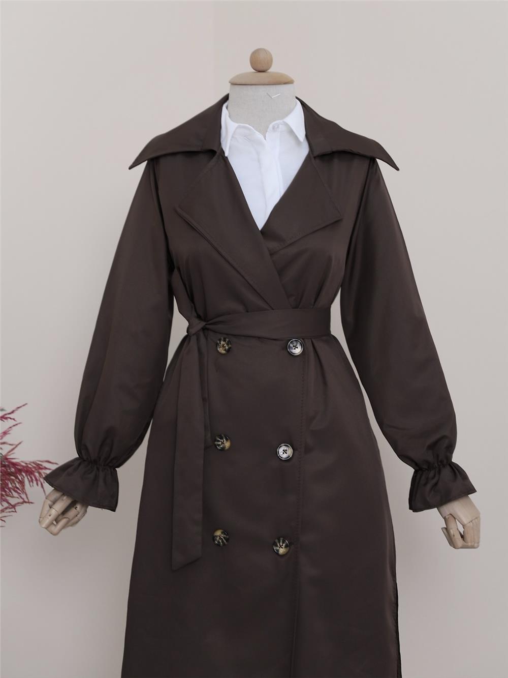 Kolu Lastikli Cepli Kuşaklı Trençkot -Kahve-347-7022-R15