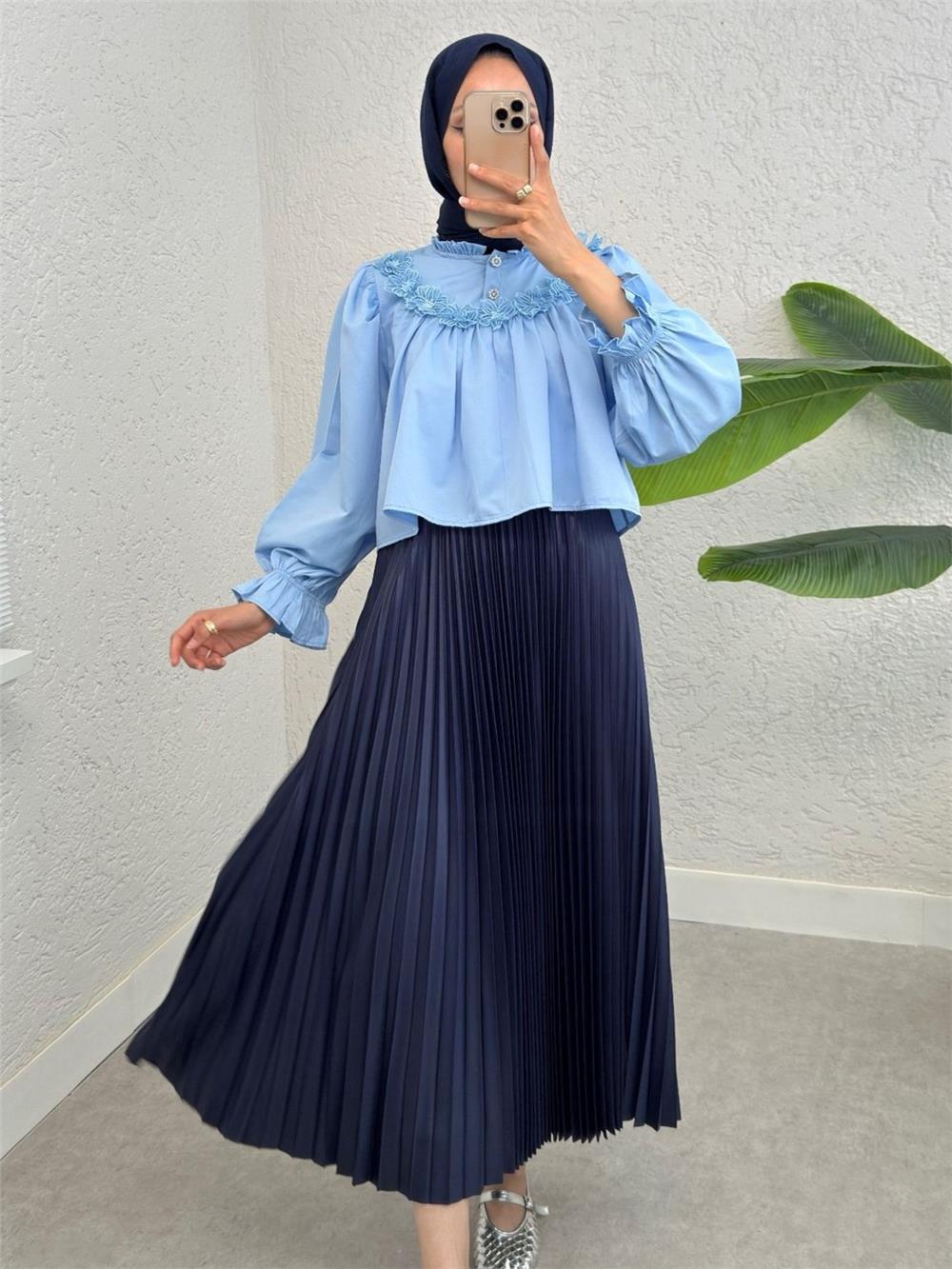 Kolu Lastikli Çiçek Detaylı Gömlek -Bebe Mavi-307-2317-R32
