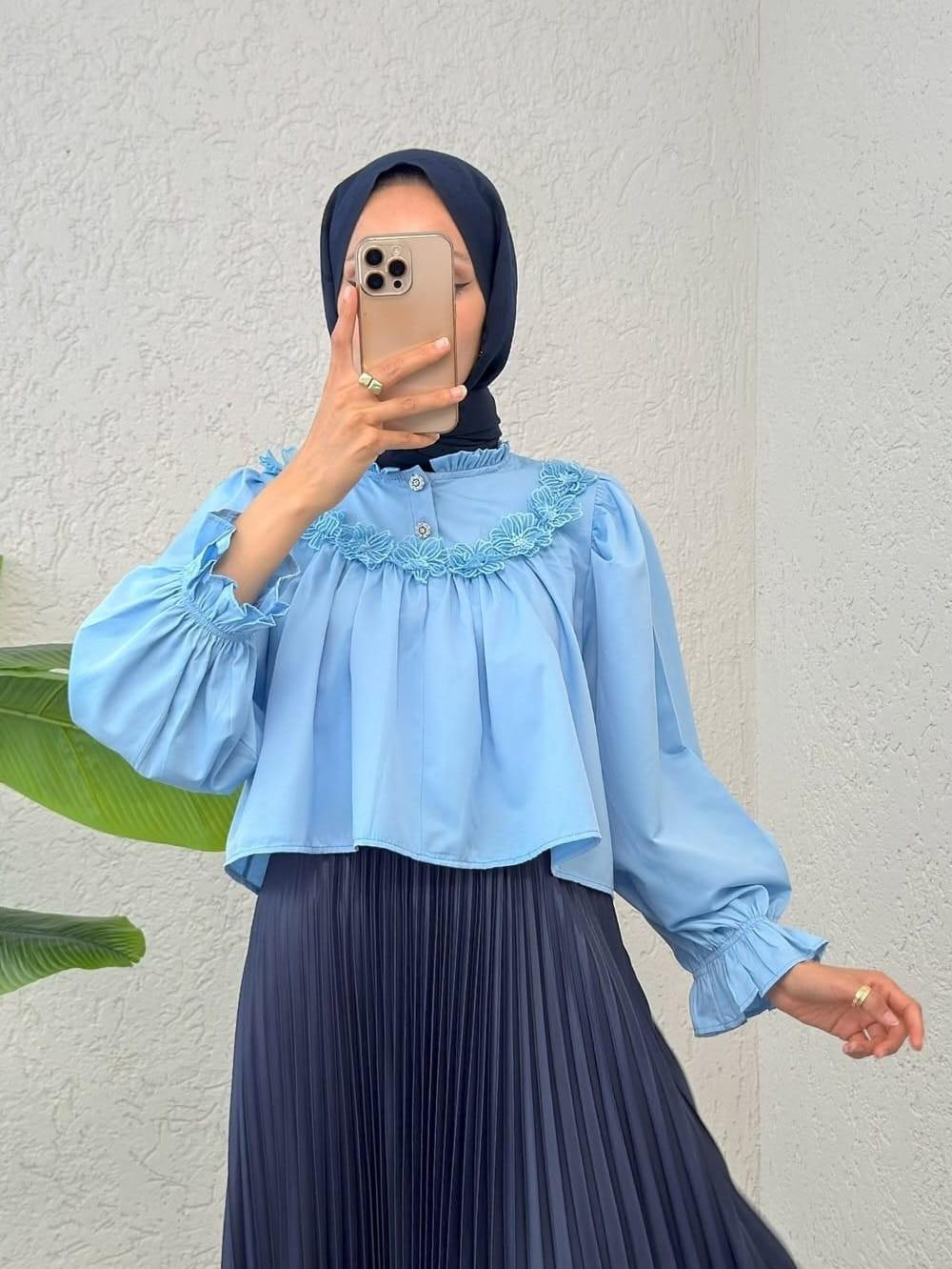 Kolu Lastikli Çiçek Detaylı Gömlek -Bebe Mavi-307-2317-R32