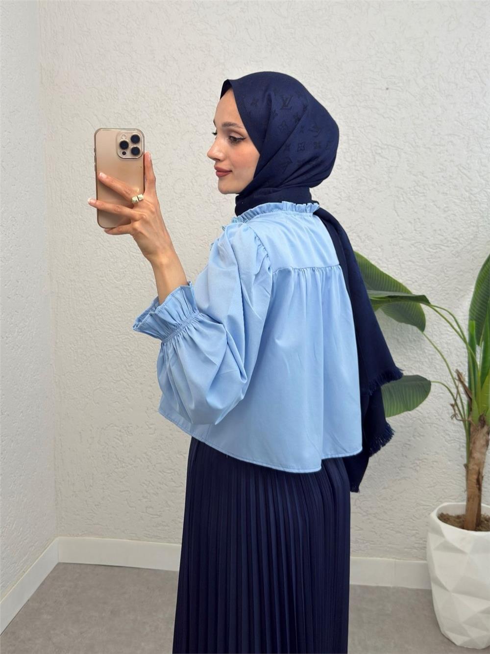 Kolu Lastikli Çiçek Detaylı Gömlek -Bebe Mavi-307-2317-R32