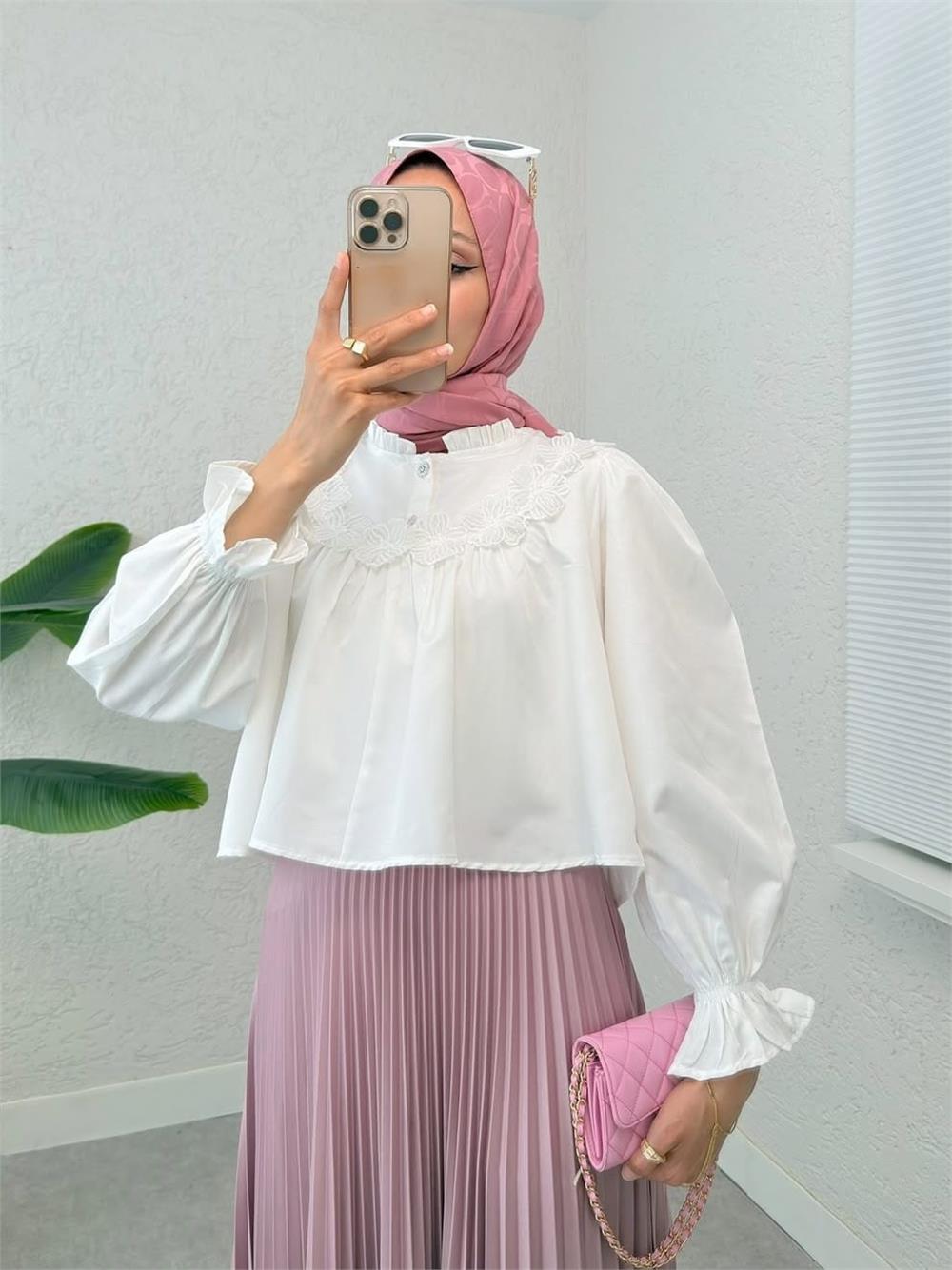 Kolu Lastikli Çiçek Detaylı Gömlek -Beyaz-307-2317-R02