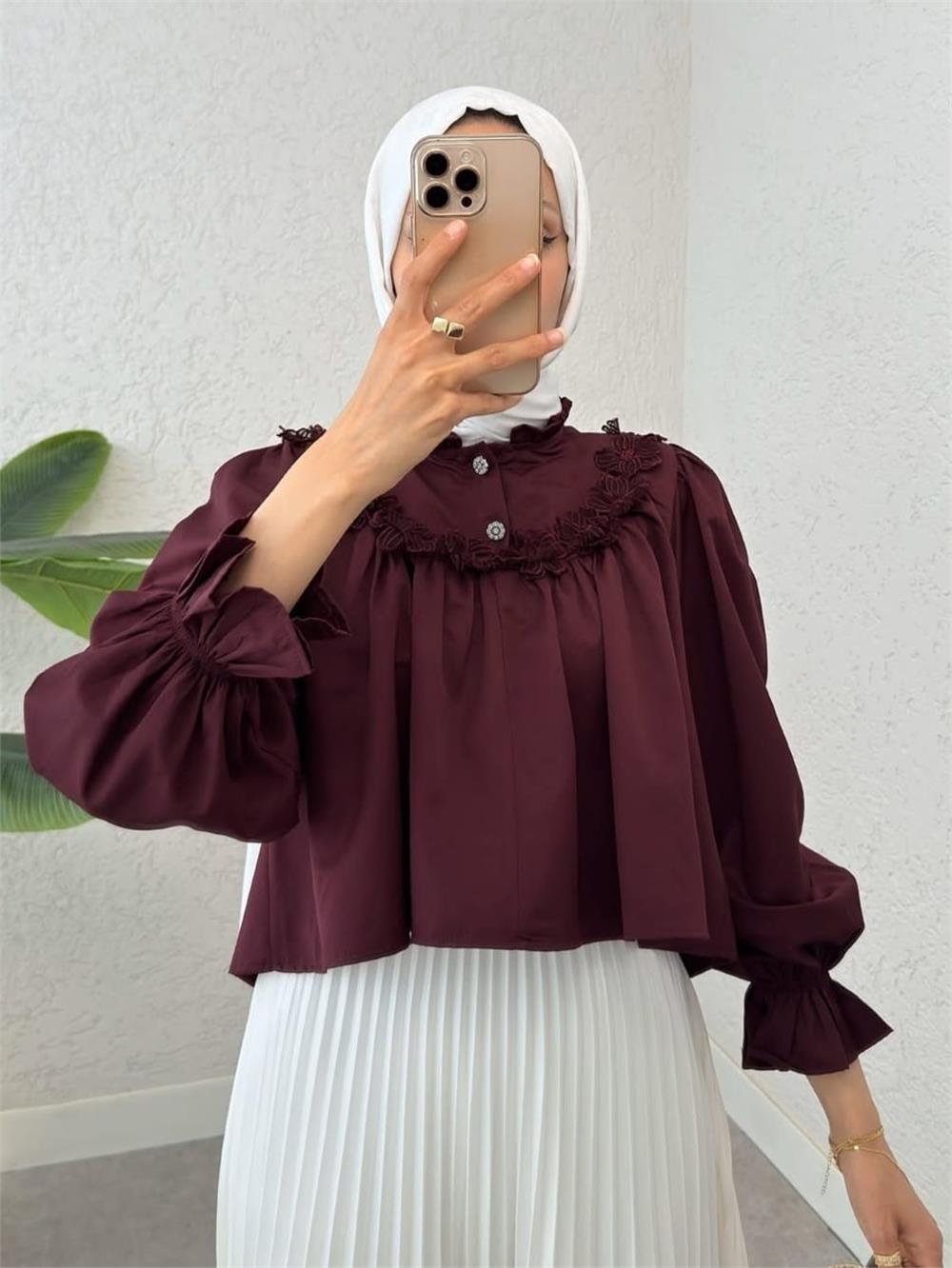 Kolu Lastikli Çiçek Detaylı Gömlek -Bordo-307-2317-R04
